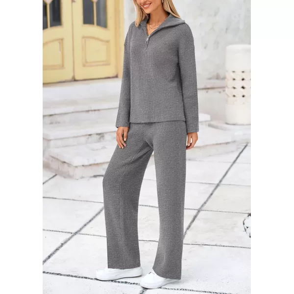 PRETTYGARDEN Womens 2 Piece Sweater Set Long Sleeve Quarter Zip Sweatshirt Wide Leg Pants Fall Outfits TracksuitGrey