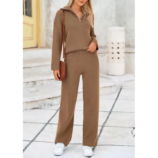 PRETTYGARDEN Womens 2 Piece Sweater Set Long Sleeve Quarter Zip Sweatshirt Wide Leg Pants Fall Outfits TracksuitKhaki