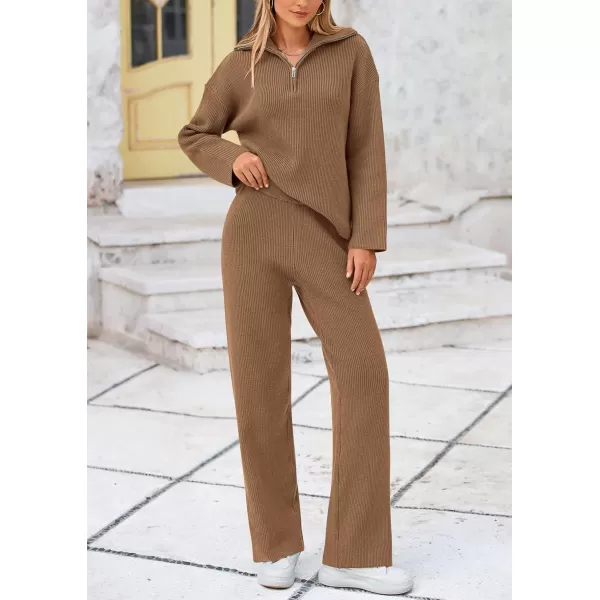 PRETTYGARDEN Womens 2 Piece Sweater Set Long Sleeve Quarter Zip Sweatshirt Wide Leg Pants Fall Outfits TracksuitKhaki