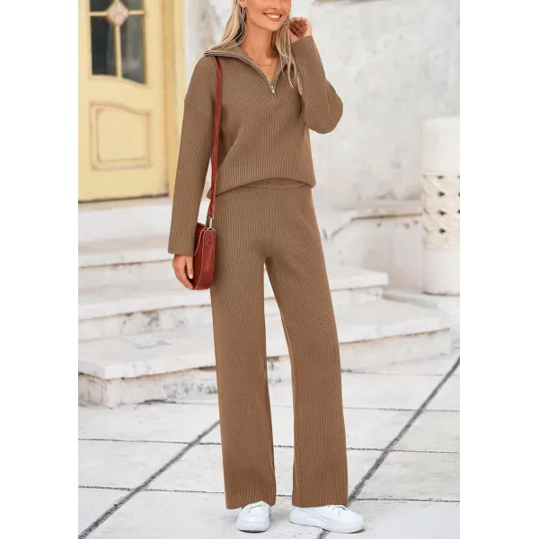 PRETTYGARDEN Womens 2 Piece Sweater Set Long Sleeve Quarter Zip Sweatshirt Wide Leg Pants Fall Outfits TracksuitKhaki