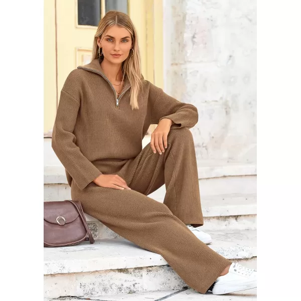 PRETTYGARDEN Womens 2 Piece Sweater Set Long Sleeve Quarter Zip Sweatshirt Wide Leg Pants Fall Outfits TracksuitKhaki