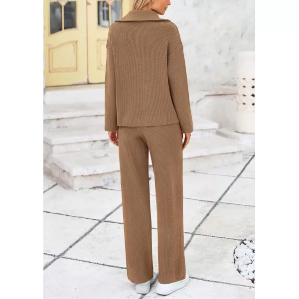 PRETTYGARDEN Womens 2 Piece Sweater Set Long Sleeve Quarter Zip Sweatshirt Wide Leg Pants Fall Outfits TracksuitKhaki