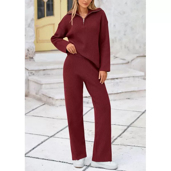 PRETTYGARDEN Womens 2 Piece Sweater Set Long Sleeve Quarter Zip Sweatshirt Wide Leg Pants Fall Outfits TracksuitWine Red