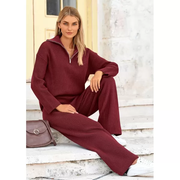 PRETTYGARDEN Womens 2 Piece Sweater Set Long Sleeve Quarter Zip Sweatshirt Wide Leg Pants Fall Outfits TracksuitWine Red
