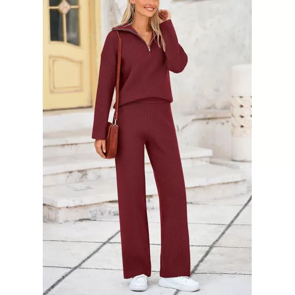 PRETTYGARDEN Womens 2 Piece Sweater Set Long Sleeve Quarter Zip Sweatshirt Wide Leg Pants Fall Outfits TracksuitWine Red