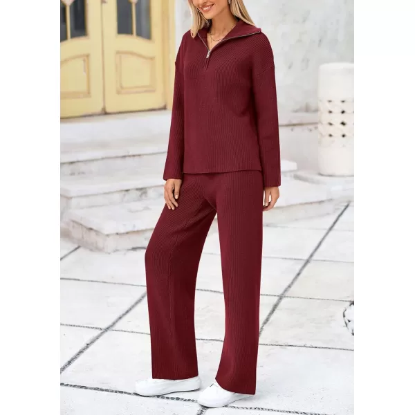 PRETTYGARDEN Womens 2 Piece Sweater Set Long Sleeve Quarter Zip Sweatshirt Wide Leg Pants Fall Outfits TracksuitWine Red