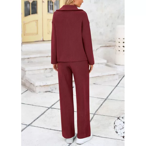 PRETTYGARDEN Womens 2 Piece Sweater Set Long Sleeve Quarter Zip Sweatshirt Wide Leg Pants Fall Outfits TracksuitWine Red