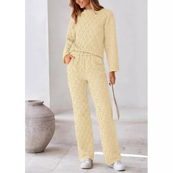 PRETTYGARDEN Womens Quilted 2 Piece Outfit Fall Loungewear Long Sleeve Pullover Top Wide Leg Pants Set TracksuitBeige