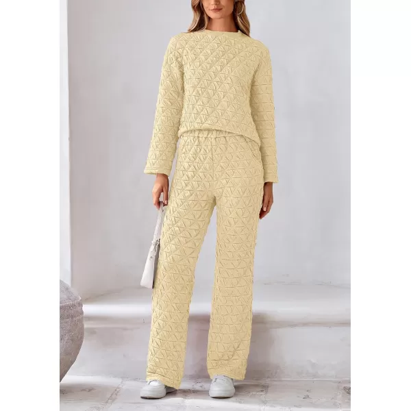 PRETTYGARDEN Womens Quilted 2 Piece Outfit Fall Loungewear Long Sleeve Pullover Top Wide Leg Pants Set TracksuitBeige