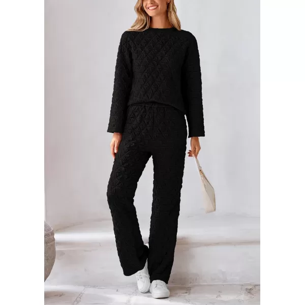 PRETTYGARDEN Womens Quilted 2 Piece Outfit Fall Loungewear Long Sleeve Pullover Top Wide Leg Pants Set TracksuitBlack