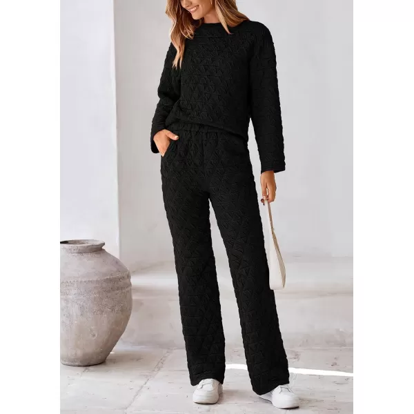 PRETTYGARDEN Womens Quilted 2 Piece Outfit Fall Loungewear Long Sleeve Pullover Top Wide Leg Pants Set TracksuitBlack