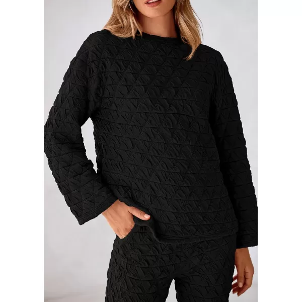 PRETTYGARDEN Womens Quilted 2 Piece Outfit Fall Loungewear Long Sleeve Pullover Top Wide Leg Pants Set TracksuitBlack
