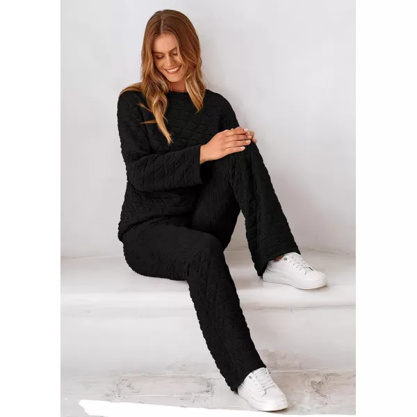 PRETTYGARDEN Womens Quilted 2 Piece Outfit Fall Loungewear Long Sleeve Pullover Top Wide Leg Pants Set TracksuitBlack