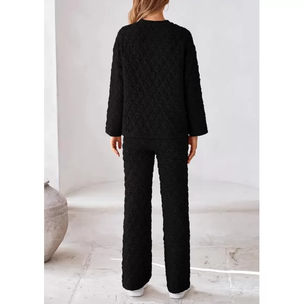 PRETTYGARDEN Womens Quilted 2 Piece Outfit Fall Loungewear Long Sleeve Pullover Top Wide Leg Pants Set TracksuitBlack