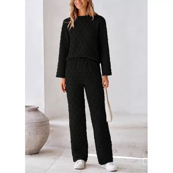 PRETTYGARDEN Womens Quilted 2 Piece Outfit Fall Loungewear Long Sleeve Pullover Top Wide Leg Pants Set TracksuitBlack