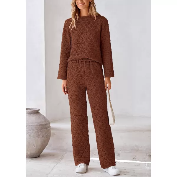 PRETTYGARDEN Womens Quilted 2 Piece Outfit Fall Loungewear Long Sleeve Pullover Top Wide Leg Pants Set TracksuitBrown