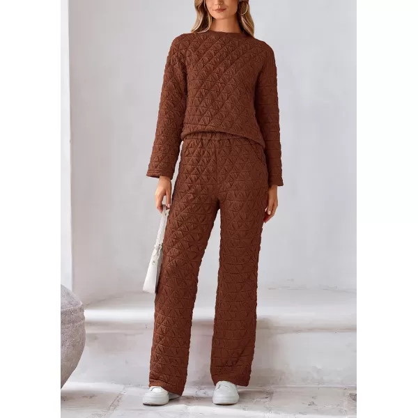 PRETTYGARDEN Womens Quilted 2 Piece Outfit Fall Loungewear Long Sleeve Pullover Top Wide Leg Pants Set TracksuitBrown