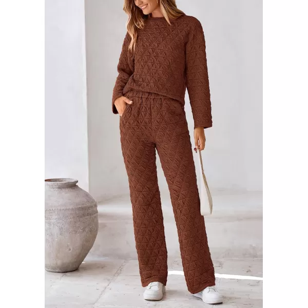 PRETTYGARDEN Womens Quilted 2 Piece Outfit Fall Loungewear Long Sleeve Pullover Top Wide Leg Pants Set TracksuitBrown
