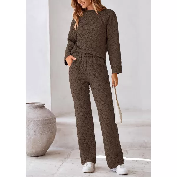 PRETTYGARDEN Womens Quilted 2 Piece Outfit Fall Loungewear Long Sleeve Pullover Top Wide Leg Pants Set TracksuitCoffee
