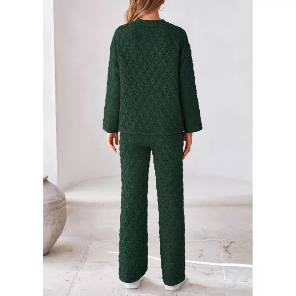 PRETTYGARDEN Womens Quilted 2 Piece Outfit Fall Loungewear Long Sleeve Pullover Top Wide Leg Pants Set TracksuitDark Green