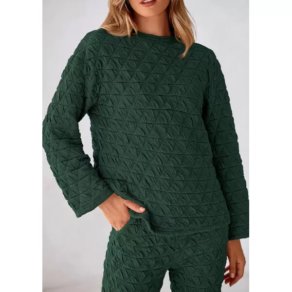 PRETTYGARDEN Womens Quilted 2 Piece Outfit Fall Loungewear Long Sleeve Pullover Top Wide Leg Pants Set TracksuitDark Green