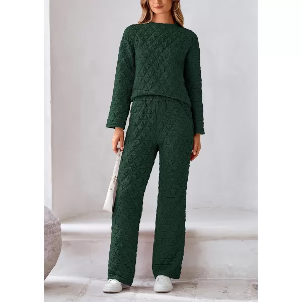 PRETTYGARDEN Womens Quilted 2 Piece Outfit Fall Loungewear Long Sleeve Pullover Top Wide Leg Pants Set TracksuitDark Green