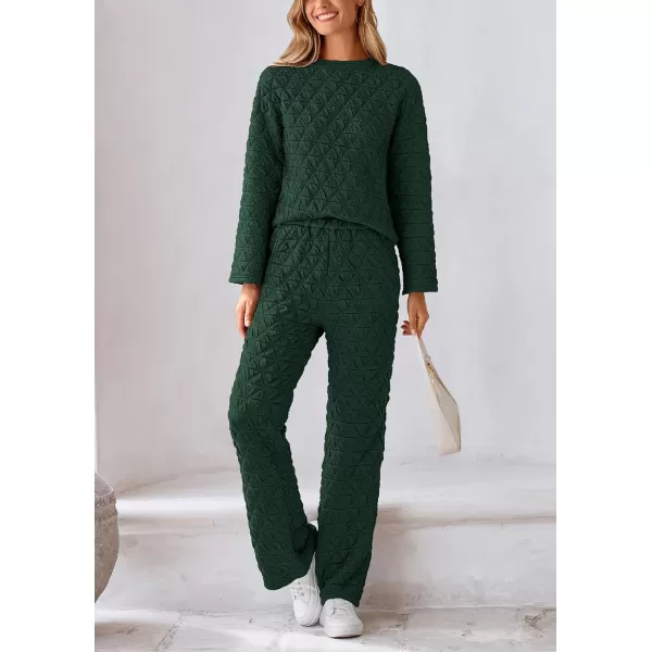 PRETTYGARDEN Womens Quilted 2 Piece Outfit Fall Loungewear Long Sleeve Pullover Top Wide Leg Pants Set TracksuitDark Green