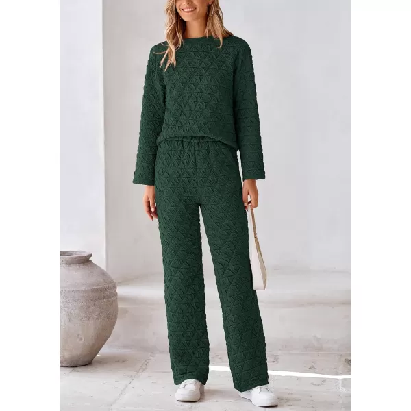 PRETTYGARDEN Womens Quilted 2 Piece Outfit Fall Loungewear Long Sleeve Pullover Top Wide Leg Pants Set TracksuitDark Green