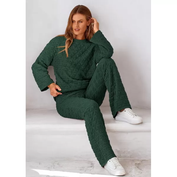 PRETTYGARDEN Womens Quilted 2 Piece Outfit Fall Loungewear Long Sleeve Pullover Top Wide Leg Pants Set TracksuitDark Green