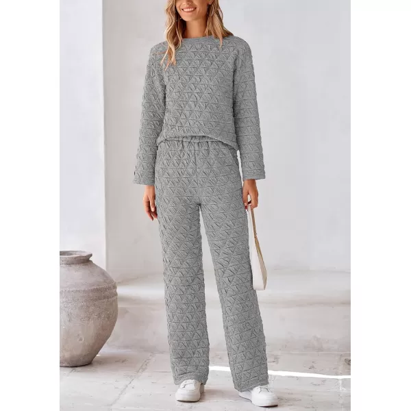 PRETTYGARDEN Womens Quilted 2 Piece Outfit Fall Loungewear Long Sleeve Pullover Top Wide Leg Pants Set TracksuitLight Grey