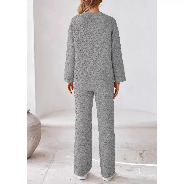 PRETTYGARDEN Womens Quilted 2 Piece Outfit Fall Loungewear Long Sleeve Pullover Top Wide Leg Pants Set TracksuitLight Grey