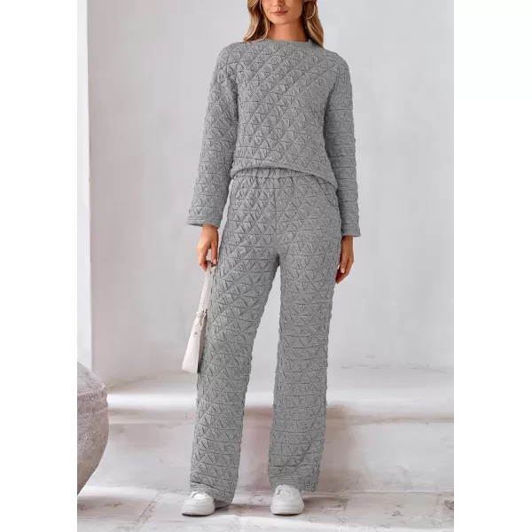 PRETTYGARDEN Womens Quilted 2 Piece Outfit Fall Loungewear Long Sleeve Pullover Top Wide Leg Pants Set TracksuitLight Grey