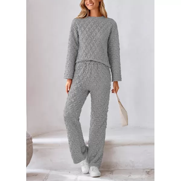 PRETTYGARDEN Womens Quilted 2 Piece Outfit Fall Loungewear Long Sleeve Pullover Top Wide Leg Pants Set TracksuitLight Grey