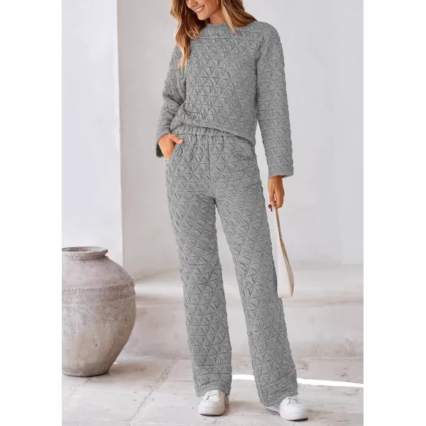 PRETTYGARDEN Womens Quilted 2 Piece Outfit Fall Loungewear Long Sleeve Pullover Top Wide Leg Pants Set TracksuitLight Grey