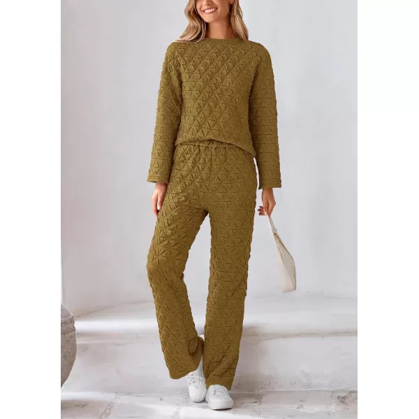 PRETTYGARDEN Womens Quilted 2 Piece Outfit Fall Loungewear Long Sleeve Pullover Top Wide Leg Pants Set TracksuitOlive Green