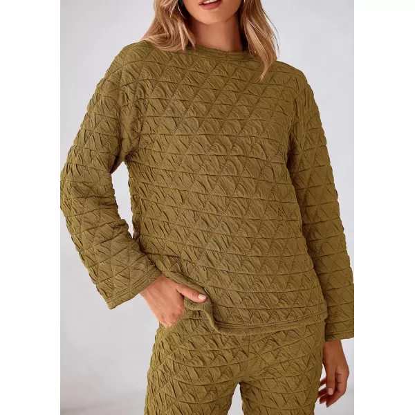 PRETTYGARDEN Womens Quilted 2 Piece Outfit Fall Loungewear Long Sleeve Pullover Top Wide Leg Pants Set TracksuitOlive Green