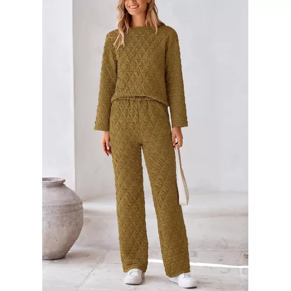 PRETTYGARDEN Womens Quilted 2 Piece Outfit Fall Loungewear Long Sleeve Pullover Top Wide Leg Pants Set TracksuitOlive Green