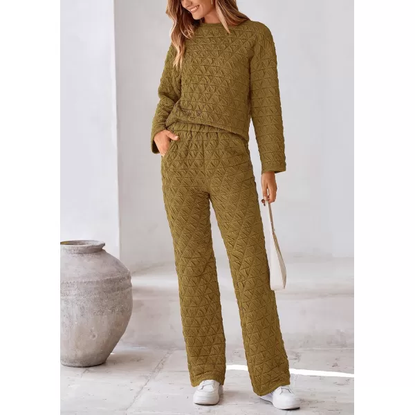 PRETTYGARDEN Womens Quilted 2 Piece Outfit Fall Loungewear Long Sleeve Pullover Top Wide Leg Pants Set TracksuitOlive Green