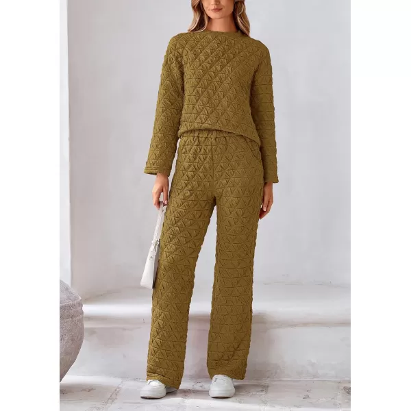 PRETTYGARDEN Womens Quilted 2 Piece Outfit Fall Loungewear Long Sleeve Pullover Top Wide Leg Pants Set TracksuitOlive Green