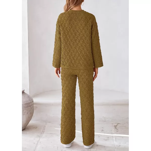 PRETTYGARDEN Womens Quilted 2 Piece Outfit Fall Loungewear Long Sleeve Pullover Top Wide Leg Pants Set TracksuitOlive Green