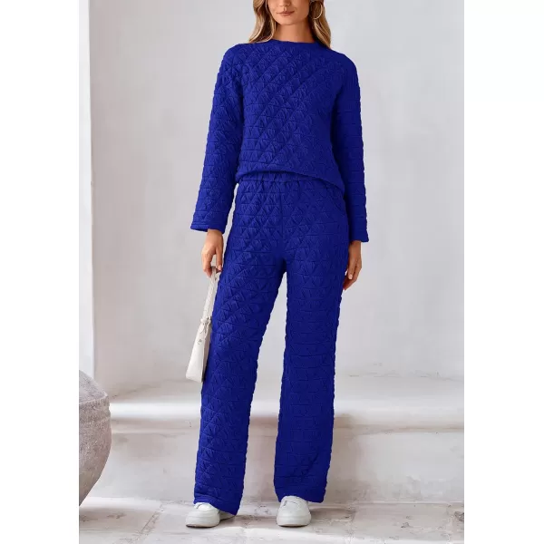 PRETTYGARDEN Womens Quilted 2 Piece Outfit Fall Loungewear Long Sleeve Pullover Top Wide Leg Pants Set TracksuitRoyal Blue
