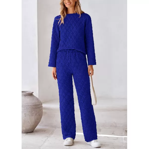 PRETTYGARDEN Womens Quilted 2 Piece Outfit Fall Loungewear Long Sleeve Pullover Top Wide Leg Pants Set TracksuitRoyal Blue