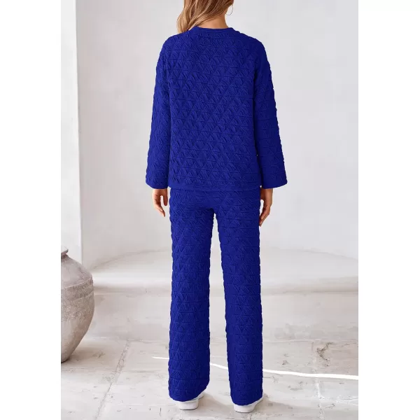 PRETTYGARDEN Womens Quilted 2 Piece Outfit Fall Loungewear Long Sleeve Pullover Top Wide Leg Pants Set TracksuitRoyal Blue