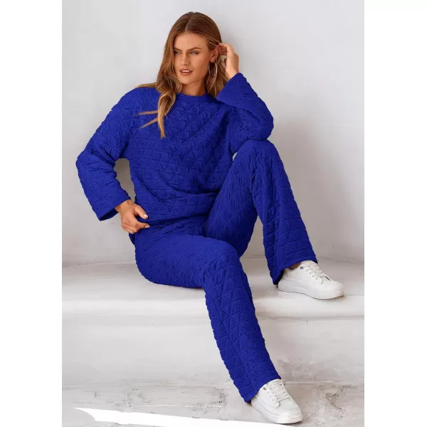 PRETTYGARDEN Womens Quilted 2 Piece Outfit Fall Loungewear Long Sleeve Pullover Top Wide Leg Pants Set TracksuitRoyal Blue