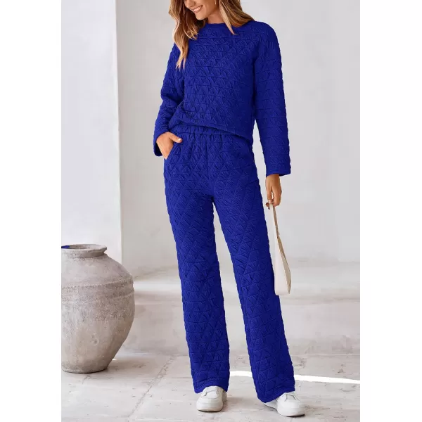 PRETTYGARDEN Womens Quilted 2 Piece Outfit Fall Loungewear Long Sleeve Pullover Top Wide Leg Pants Set TracksuitRoyal Blue
