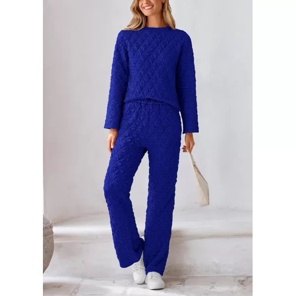 PRETTYGARDEN Womens Quilted 2 Piece Outfit Fall Loungewear Long Sleeve Pullover Top Wide Leg Pants Set TracksuitRoyal Blue