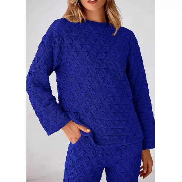 PRETTYGARDEN Womens Quilted 2 Piece Outfit Fall Loungewear Long Sleeve Pullover Top Wide Leg Pants Set TracksuitRoyal Blue