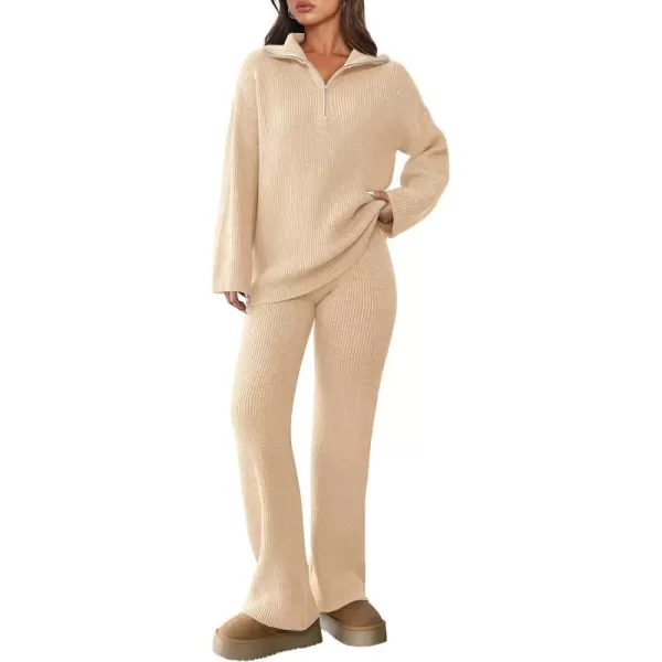 PRETTYGARDEN Womens 2 Piece Sweater Set Long Sleeve Quarter Zip Sweatshirt Wide Leg Pants Fall Outfits TracksuitBeige