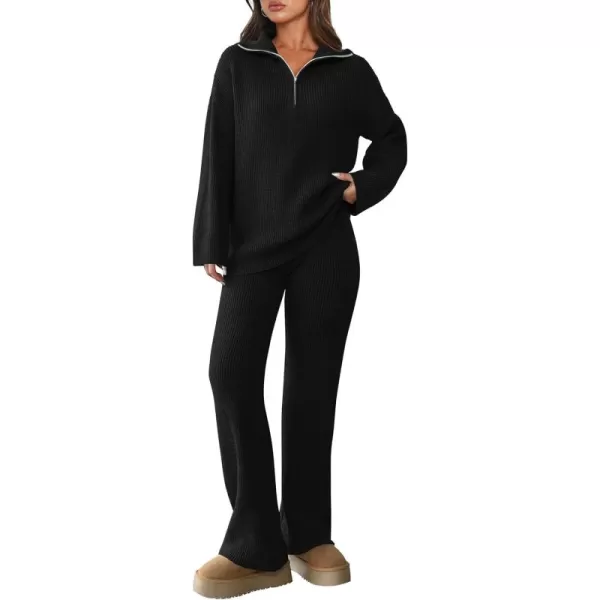 PRETTYGARDEN Womens 2 Piece Sweater Set Long Sleeve Quarter Zip Sweatshirt Wide Leg Pants Fall Outfits TracksuitBlack