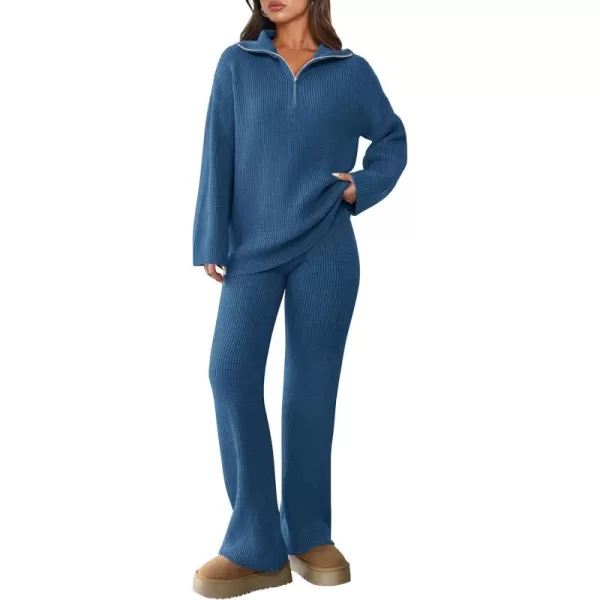PRETTYGARDEN Womens 2 Piece Sweater Set Long Sleeve Quarter Zip Sweatshirt Wide Leg Pants Fall Outfits TracksuitBlue
